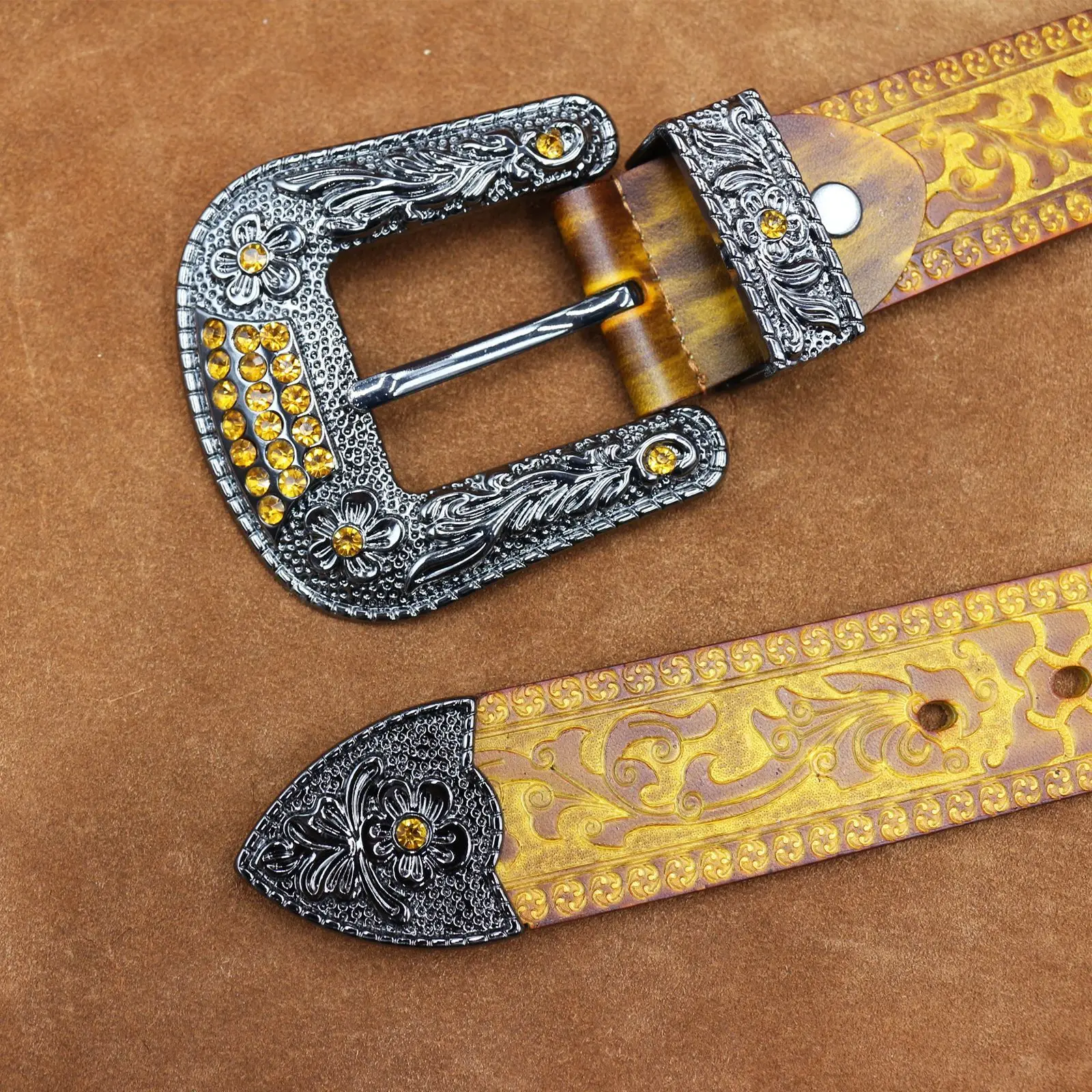 Vintage Men's Genuine Leather Belt with Ornate Buckle