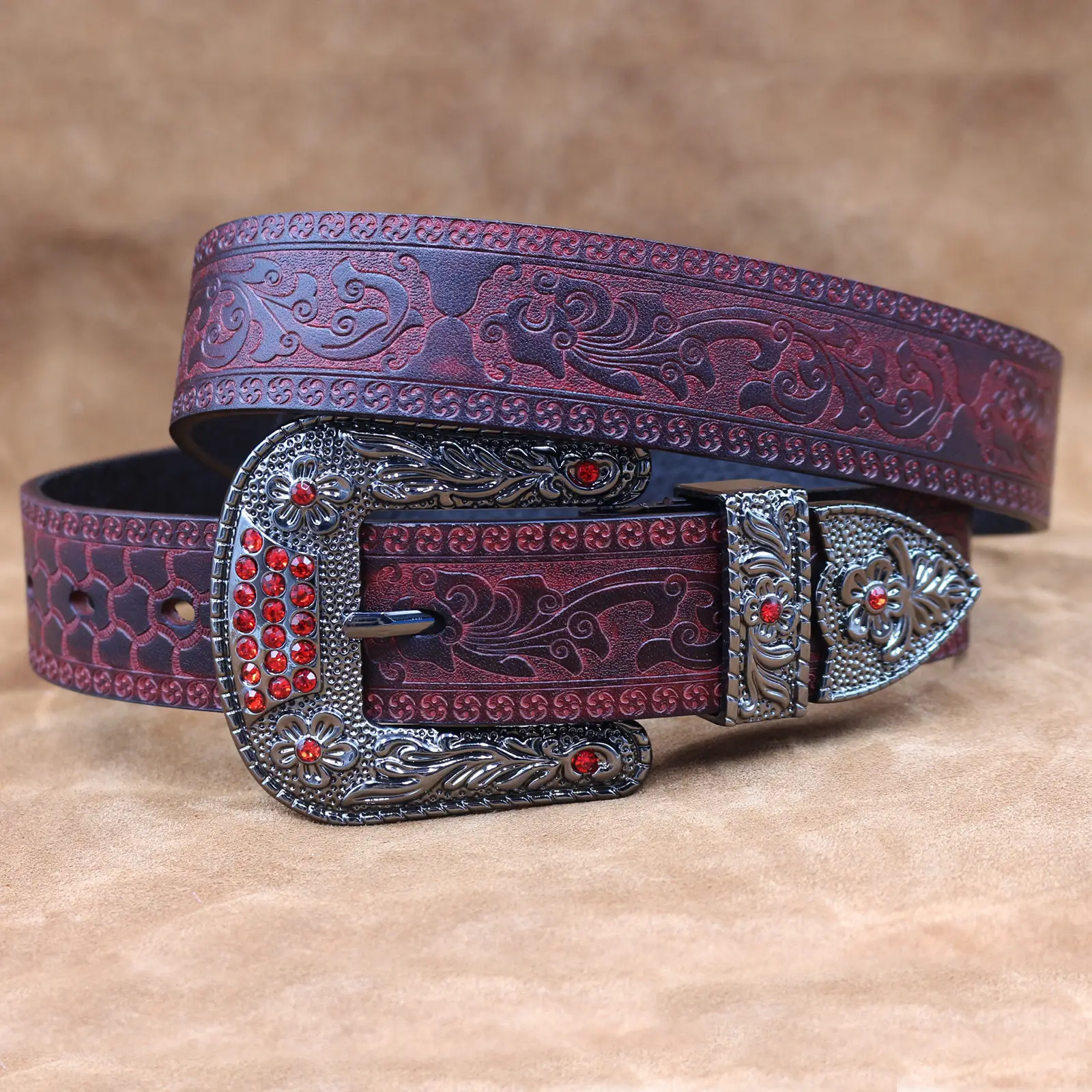 Vintage Men's Genuine Leather Belt with Ornate Buckle — feature 6