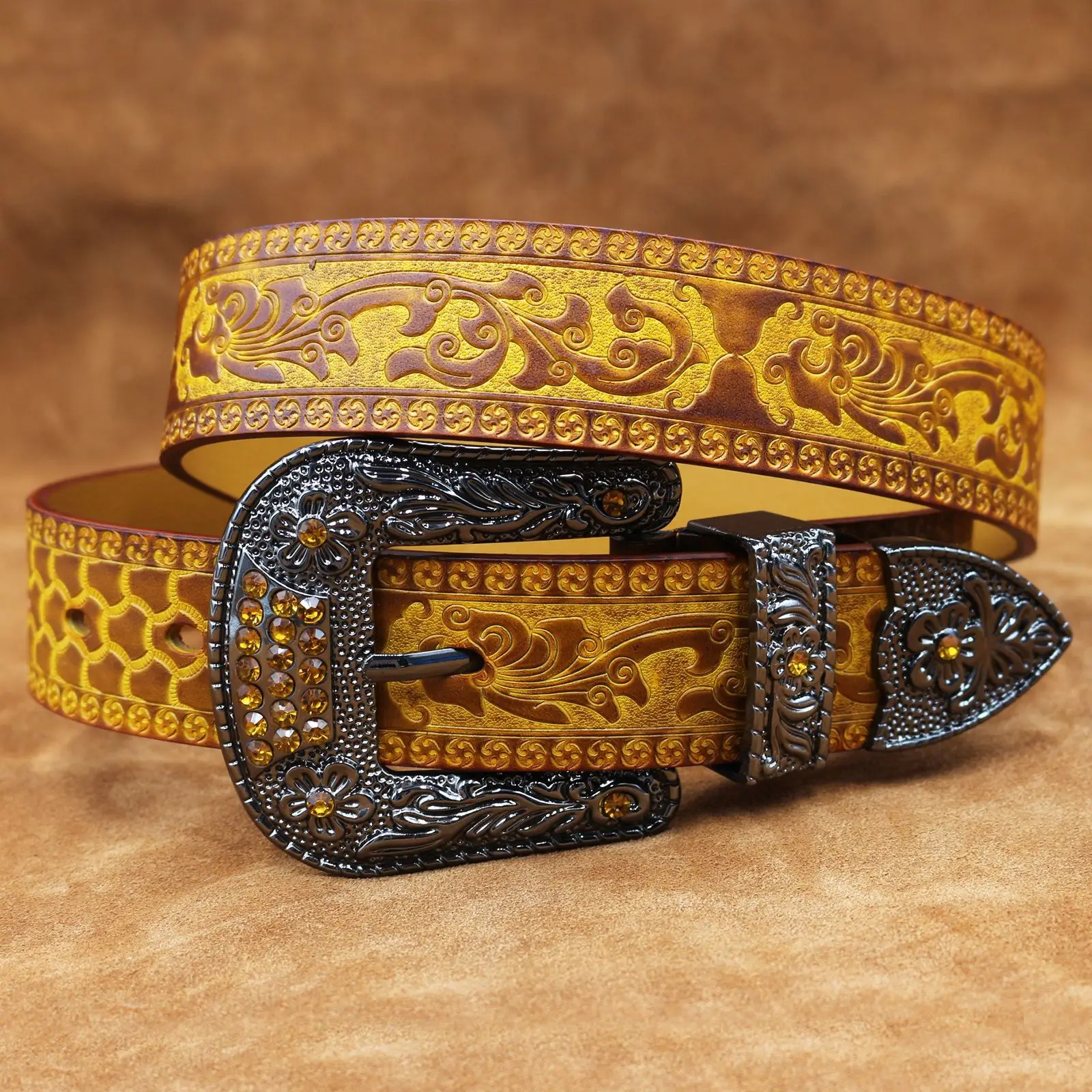 Vintage Men's Genuine Leather Belt with Ornate Buckle