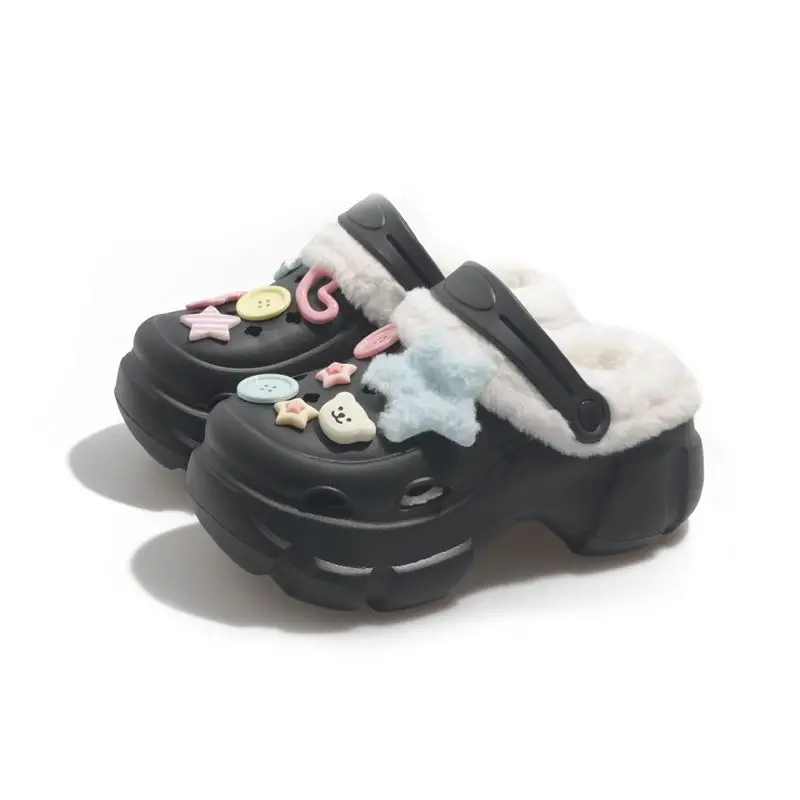 Cave Shoes Winter fleece-lined Detachable Women's Autumn and Winter Girls High Heel Cute Student Non-slip Cotton Slippers Winter fleece-lined