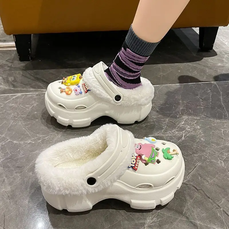 Cave Shoes Winter fleece-lined Detachable Women's Autumn and Winter Girls High Heel Cute Student Non-slip Cotton Slippers Winter fleece-lined — feature 18