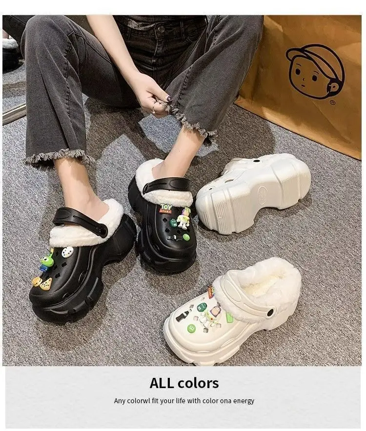 Cave Shoes Winter fleece-lined Detachable Women's Autumn and Winter Girls High Heel Cute Student Non-slip Cotton Slippers Winter fleece-lined — feature 2