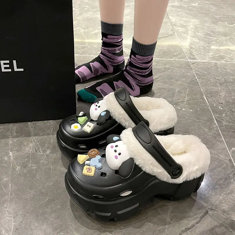 Cave Shoes Winter fleece-lined Detachable Women's Autumn and Winter Girls High Heel Cute Student Non-slip Cotton Slippers Winter fleece-lined