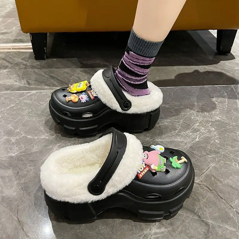 Cave Shoes Winter fleece-lined Detachable Women's Autumn and Winter Girls High Heel Cute Student Non-slip Cotton Slippers Winter fleece-lined