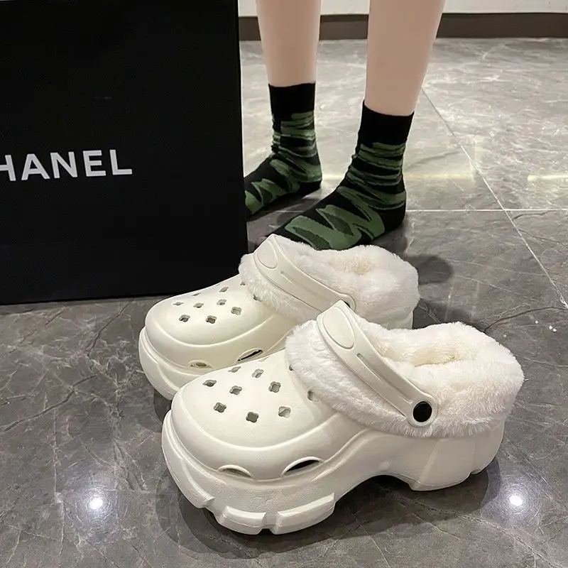 Cave Shoes Winter fleece-lined Detachable Women's Autumn and Winter Girls High Heel Cute Student Non-slip Cotton Slippers Winter fleece-lined