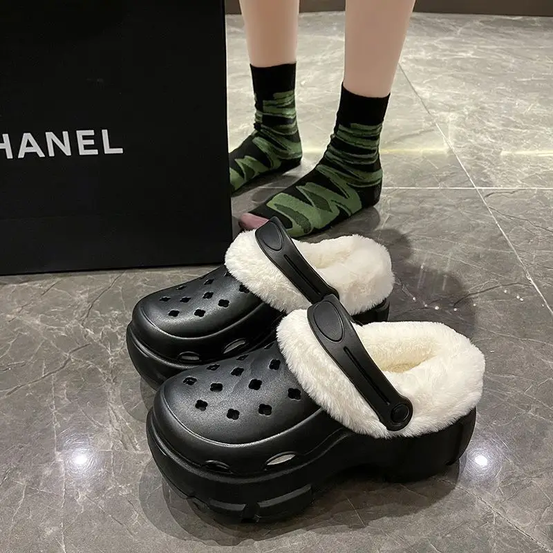 Cave Shoes Winter fleece-lined Detachable Women's Autumn and Winter Girls High Heel Cute Student Non-slip Cotton Slippers Winter fleece-lined