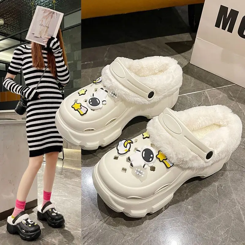 Cave Shoes Winter fleece-lined Detachable Women's Autumn and Winter Girls High Heel Cute Student Non-slip Cotton Slippers Winter fleece-lined