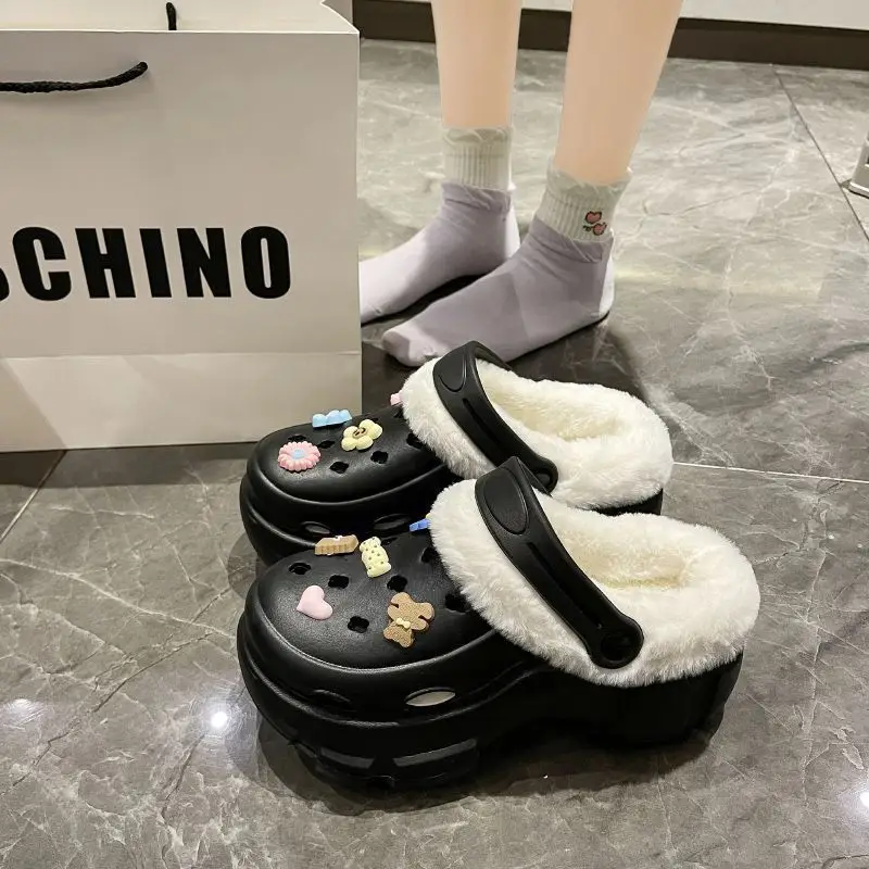 Cave Shoes Winter fleece-lined Detachable Women's Autumn and Winter Girls High Heel Cute Student Non-slip Cotton Slippers Winter fleece-lined