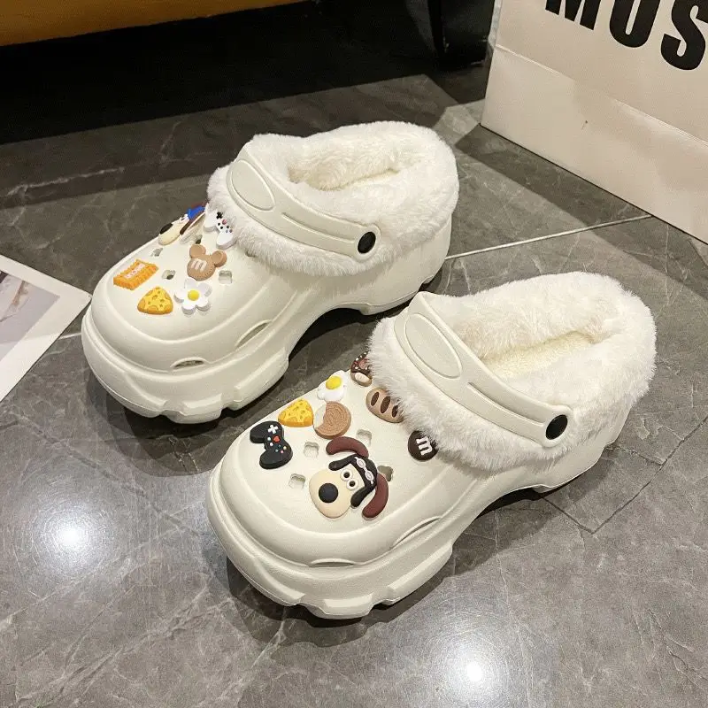 Cave Shoes Winter fleece-lined Detachable Women's Autumn and Winter Girls High Heel Cute Student Non-slip Cotton Slippers Winter fleece-lined