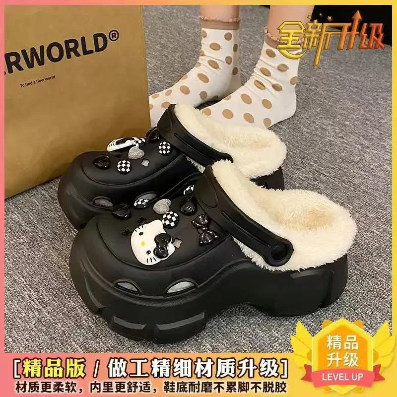 Cave Shoes Winter fleece-lined Detachable Women's Autumn and Winter Girls High Heel Cute Student Non-slip Cotton Slippers Winter fleece-lined