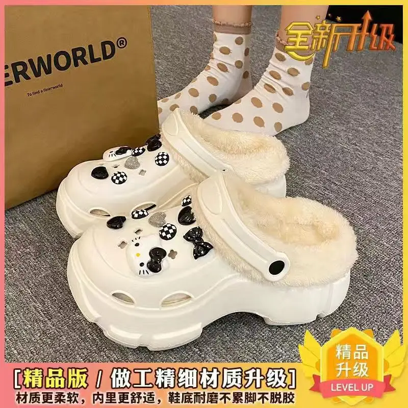 Cave Shoes Winter fleece-lined Detachable Women's Autumn and Winter Girls High Heel Cute Student Non-slip Cotton Slippers Winter fleece-lined