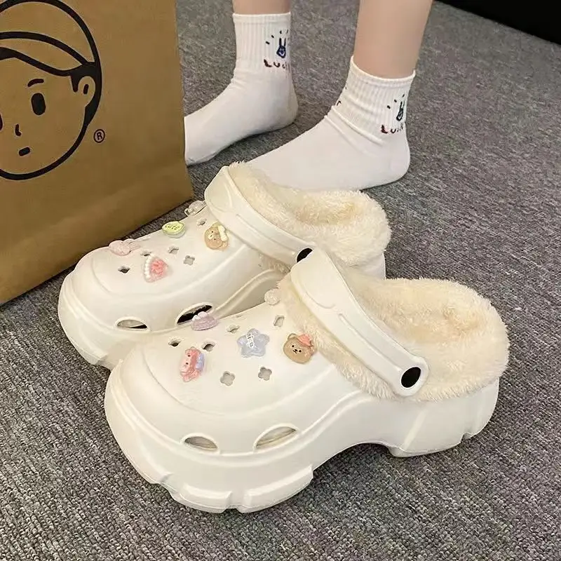 Cave Shoes Winter fleece-lined Detachable Women's Autumn and Winter Girls High Heel Cute Student Non-slip Cotton Slippers Winter fleece-lined
