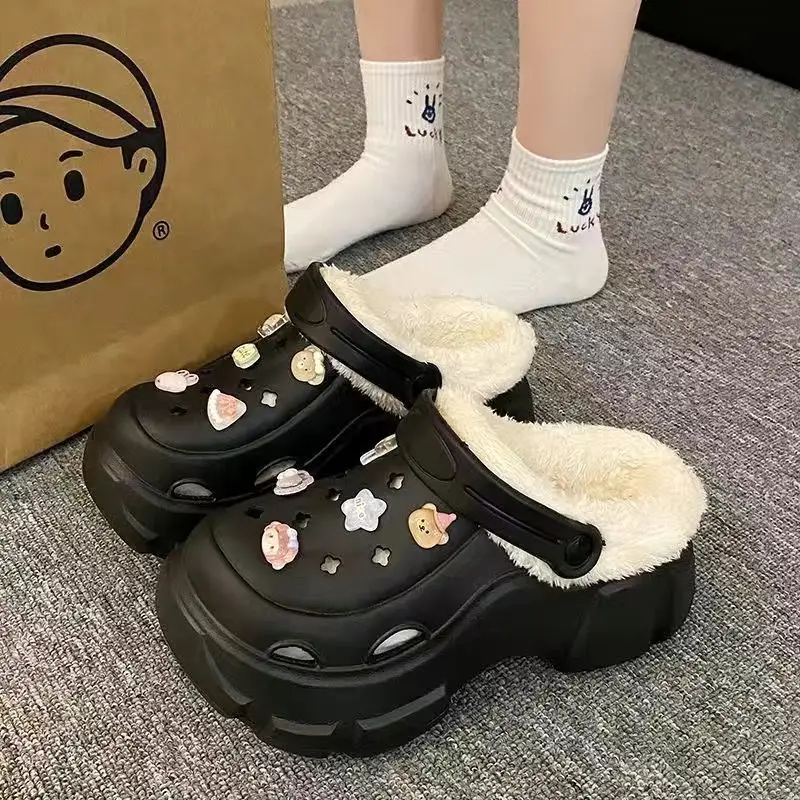 Cave Shoes Winter fleece-lined Detachable Women's Autumn and Winter Girls High Heel Cute Student Non-slip Cotton Slippers Winter fleece-lined