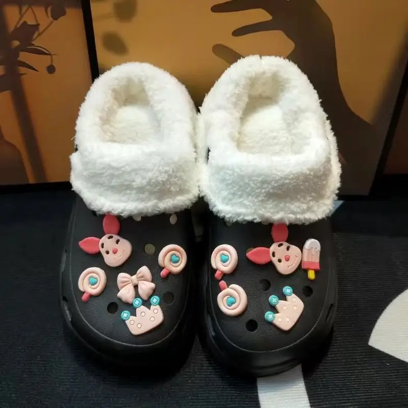 Cave Shoes Winter fleece-lined Detachable Women's Autumn and Winter Girls High Heel Cute Student Non-slip Cotton Slippers Winter fleece-lined