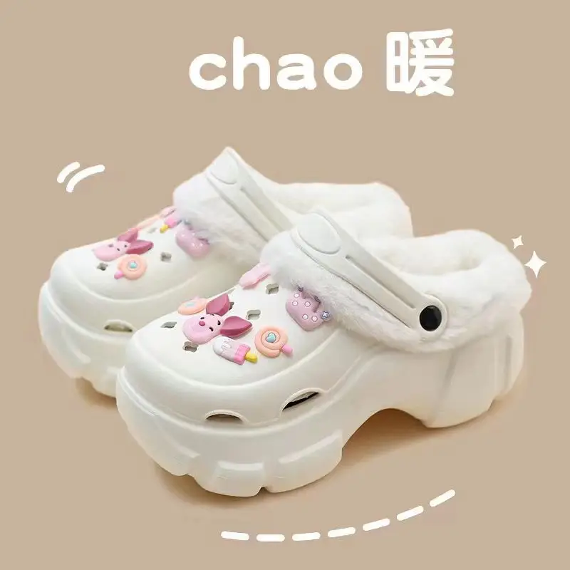 Cave Shoes Winter fleece-lined Detachable Women's Autumn and Winter Girls High Heel Cute Student Non-slip Cotton Slippers Winter fleece-lined