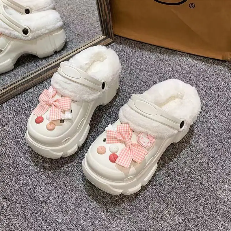 Cave Shoes Winter fleece-lined Detachable Women's Autumn and Winter Girls High Heel Cute Student Non-slip Cotton Slippers Winter fleece-lined