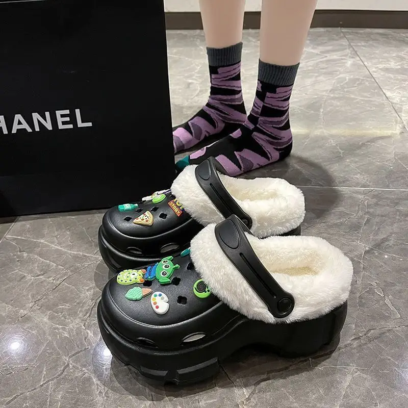 Cave Shoes Winter fleece-lined Detachable Women's Autumn and Winter Girls High Heel Cute Student Non-slip Cotton Slippers Winter fleece-lined
