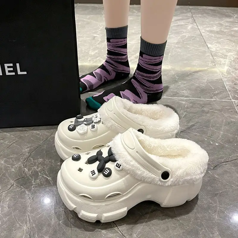 Cave Shoes Winter fleece-lined Detachable Women's Autumn and Winter Girls High Heel Cute Student Non-slip Cotton Slippers Winter fleece-lined