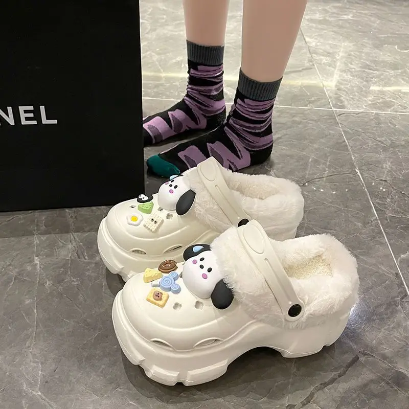 Cave Shoes Winter fleece-lined Detachable Women's Autumn and Winter Girls High Heel Cute Student Non-slip Cotton Slippers Winter fleece-lined