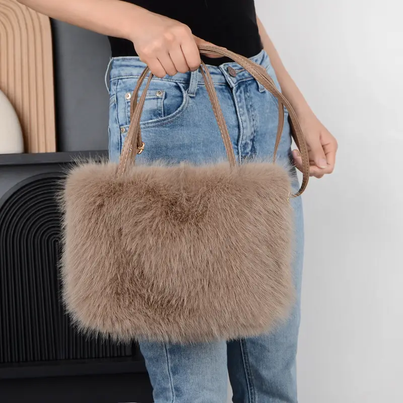 Faux Fur Plush Shoulder Bag Beige Winter Elegant - Image 8