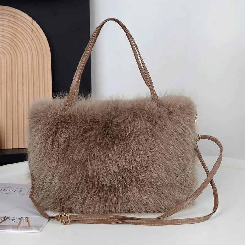 Faux Fur Plush Shoulder Bag Beige Winter Elegant — feature 12