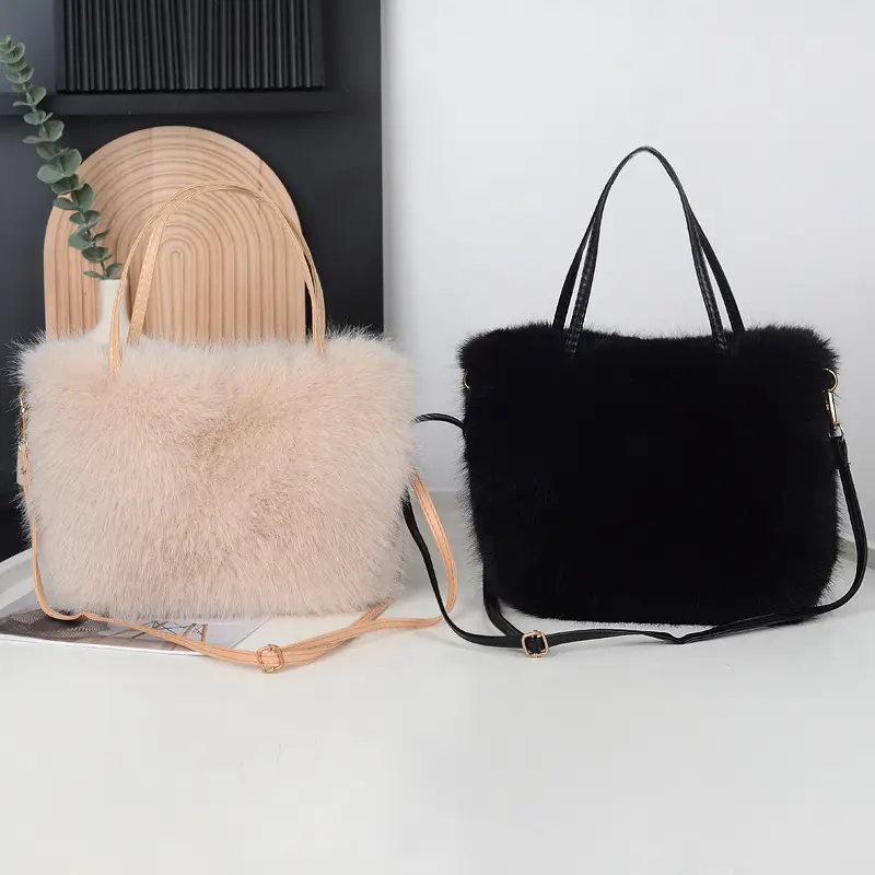 Faux Fur Plush Shoulder Bag Beige Winter Elegant — feature 3