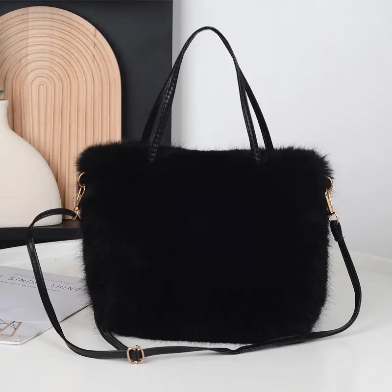 Faux Fur Plush Shoulder Bag Beige Winter Elegant - Image 4