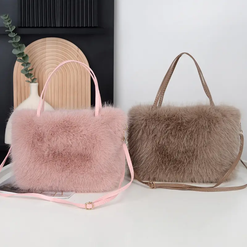 Faux Fur Plush Shoulder Bag Beige Winter Elegant - Image 5