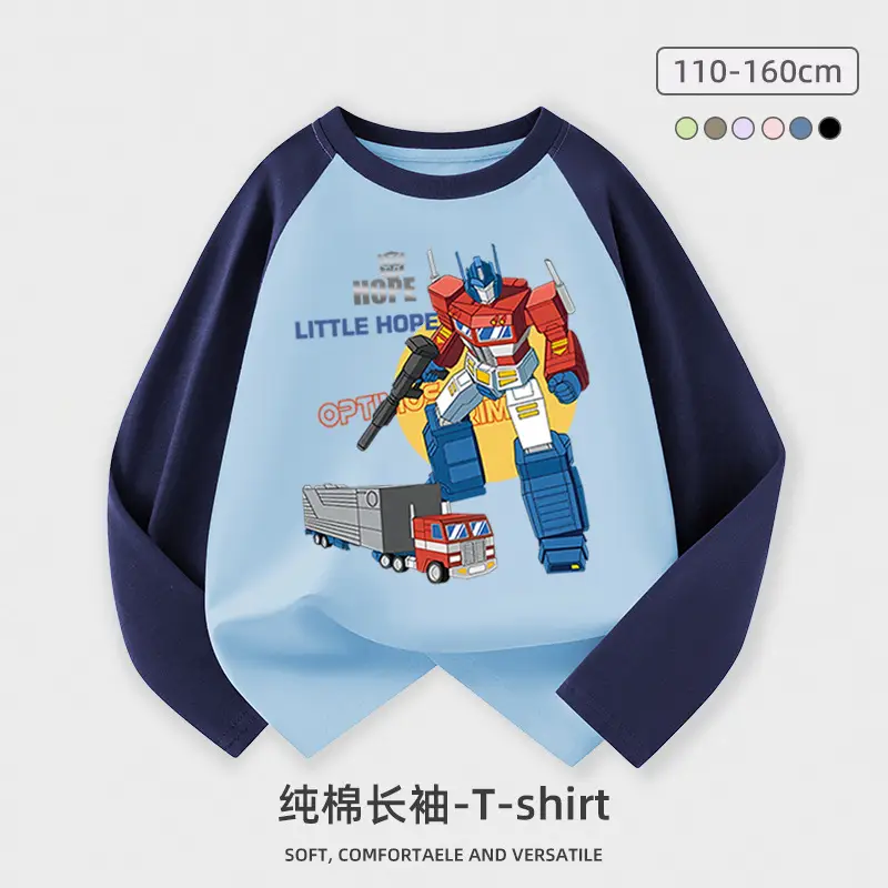 Children Cotton Long Sleeve T-Shirt Blue Robot Print - Image 3