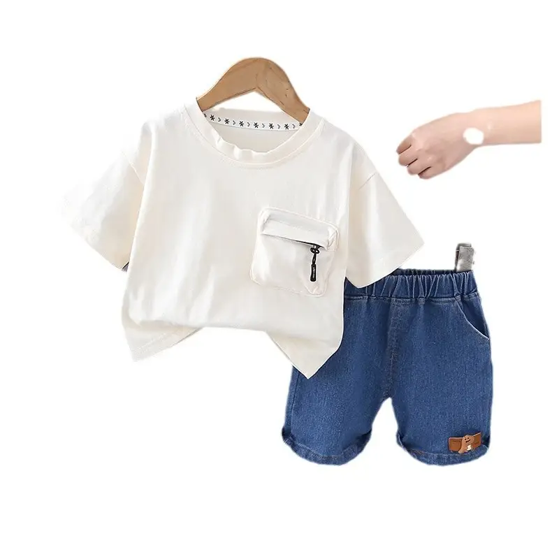 2025 Kids Summer T-Shirt Set with Zip Pocket & Denim Shorts - Image 5