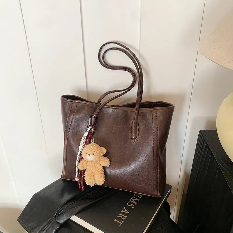 Women Large Capacity Shoulder Bag with Zip & Pom Pom - Image 6
