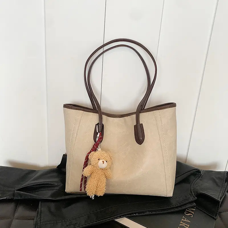 Women Large Capacity Shoulder Bag with Zip & Pom Pom - Image 7