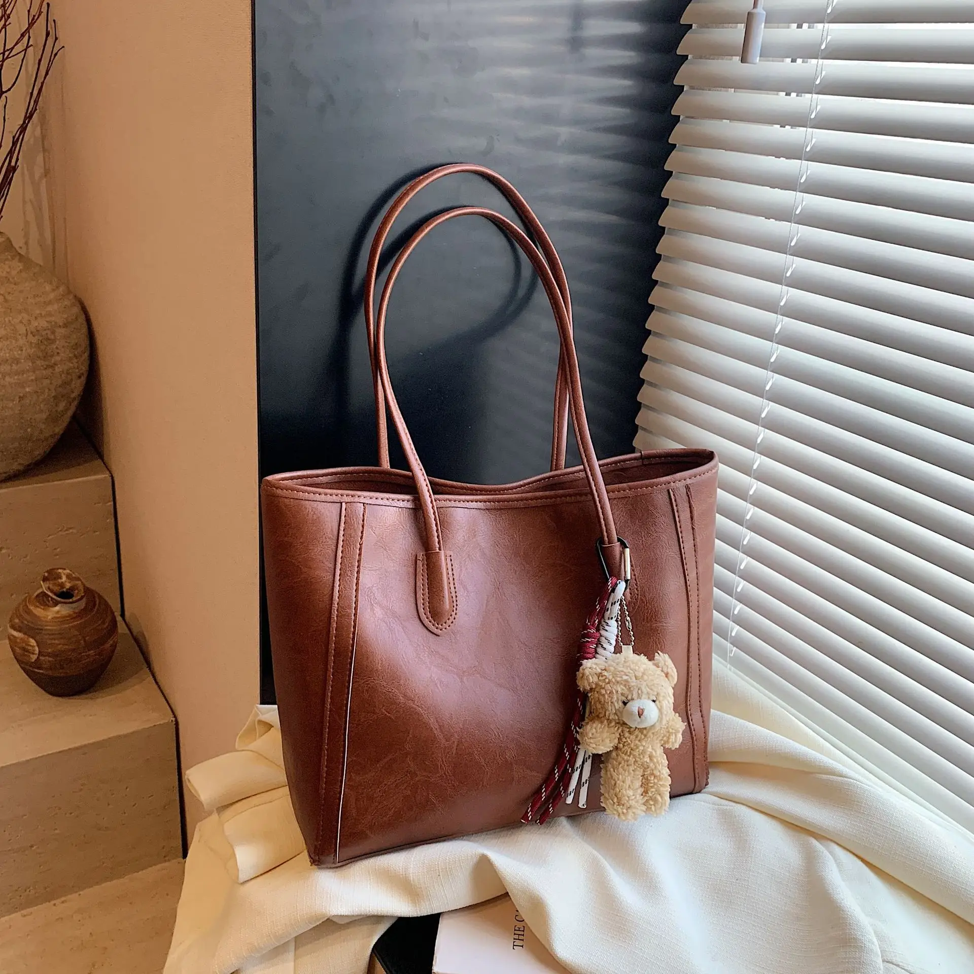 Women Large Capacity Shoulder Bag with Zip & Pom Pom - Image 3