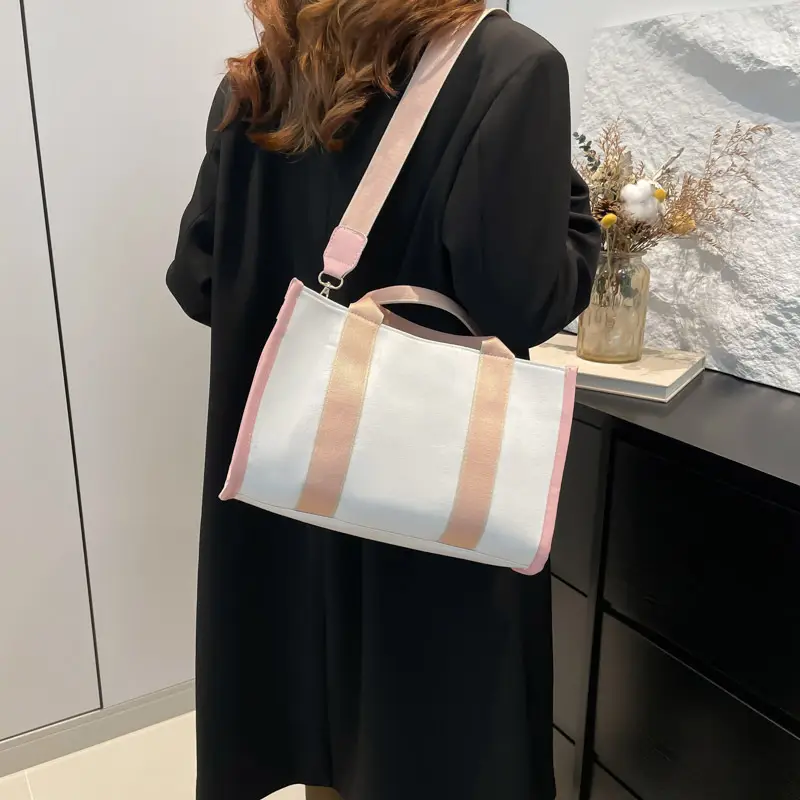Women's Red Stripe Canvas Tote Bag Large Capacity - Image 8