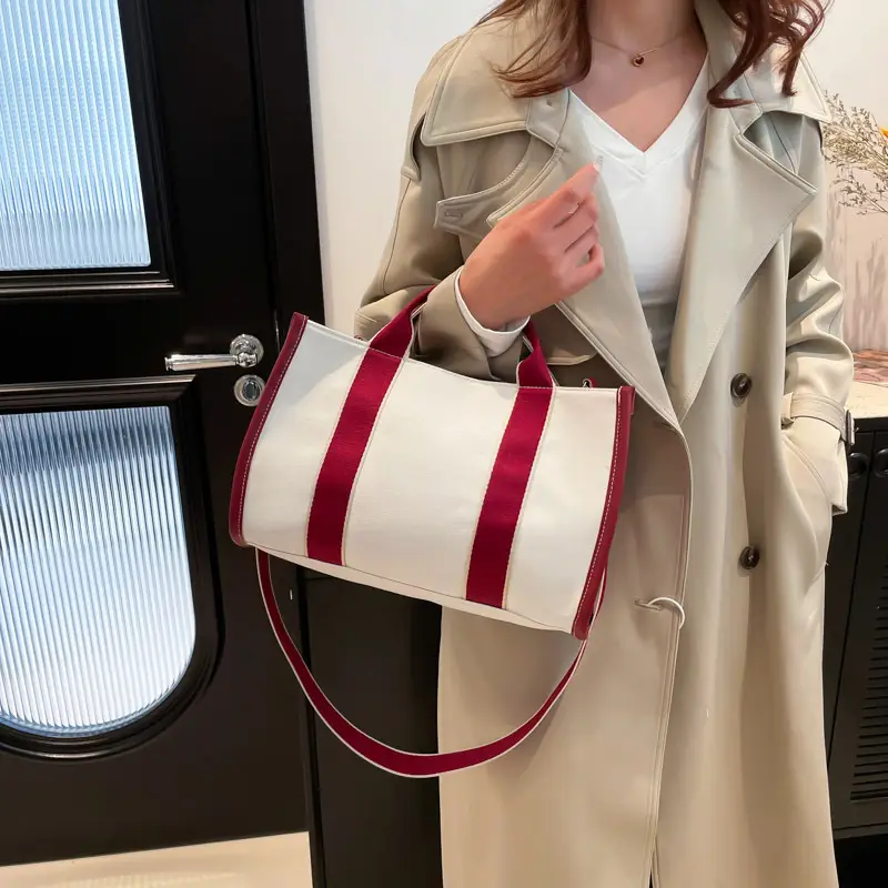 Women's Red Stripe Canvas Tote Bag Large Capacity - Image 9