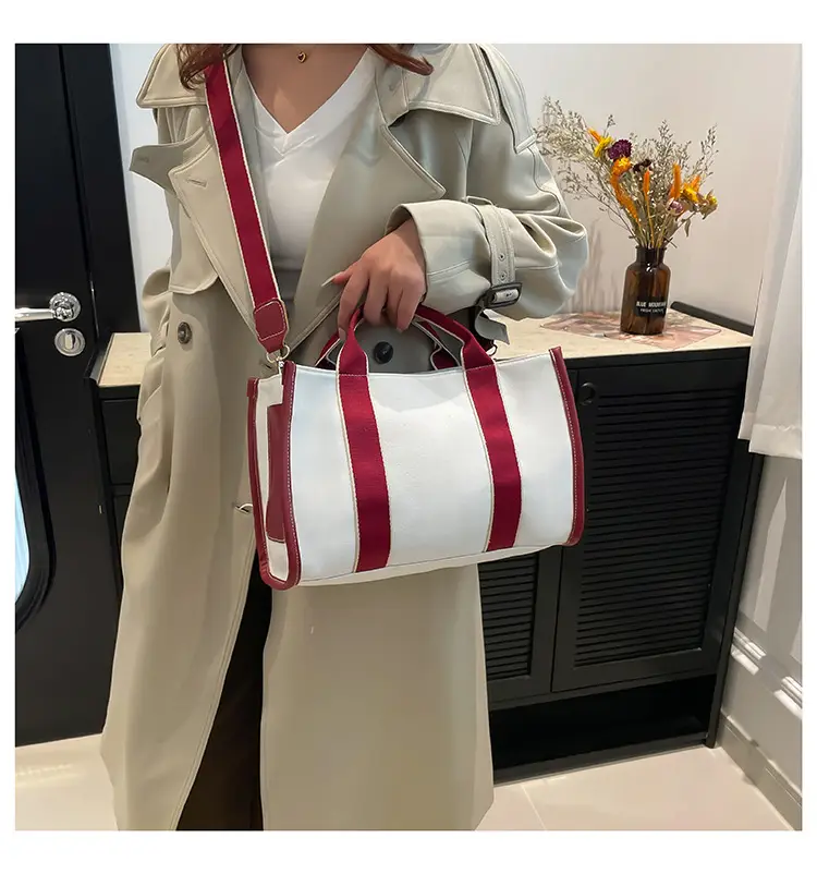 Women's Red Stripe Canvas Tote Bag Large Capacity — feature 19