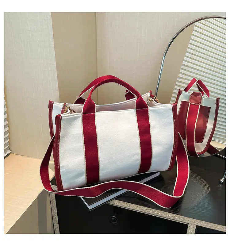 Women's Red Stripe Canvas Tote Bag Large Capacity - Image 3