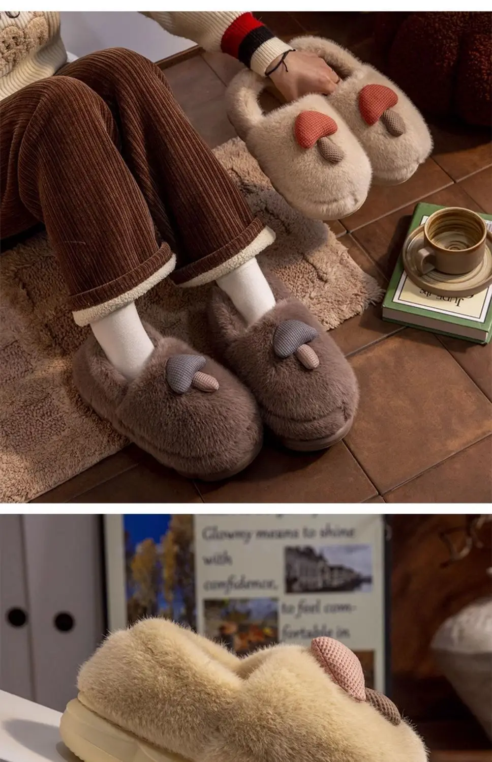 Autumn and winter new cotton slippers ladies home indoor non-slip thick-soled cute plush warm bag heel moon shoes — feature 15