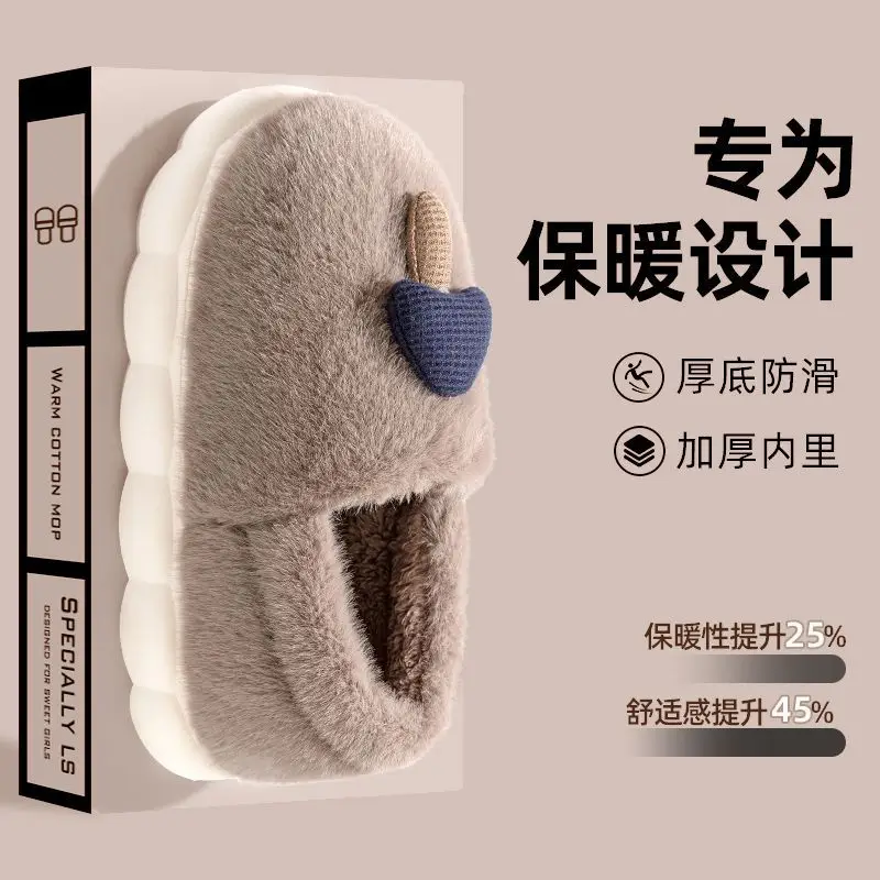 Autumn and winter new cotton slippers ladies home indoor non-slip thick-soled cute plush warm bag heel moon shoes - Image 3
