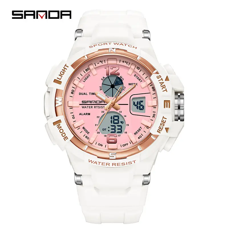 Sanda Pink Multifunctional Dual Display Waterproof Sports Watch