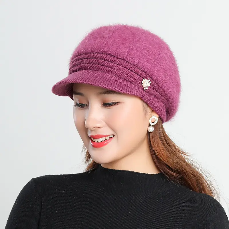 Women's Grey Fleece Winter Cap Hat with Pearl Embellishment