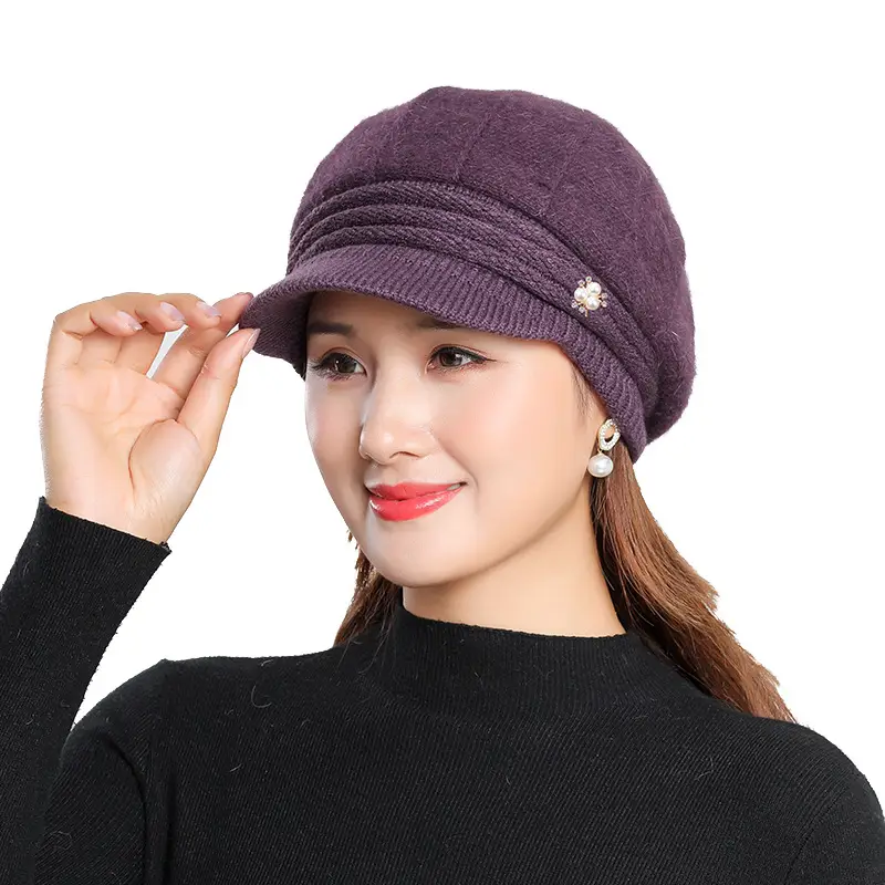 Women's Grey Fleece Winter Cap Hat with Pearl Embellishment