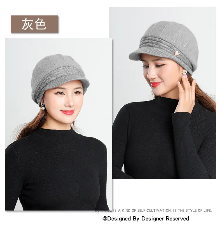 Women's Grey Fleece Winter Cap Hat with Pearl Embellishment — feature 13