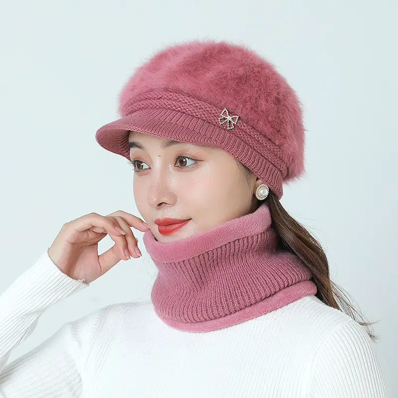 Women's Grey Fleece Winter Cap Hat with Pearl Embellishment