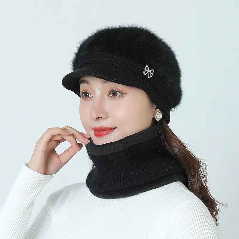 Women's Grey Fleece Winter Cap Hat with Pearl Embellishment