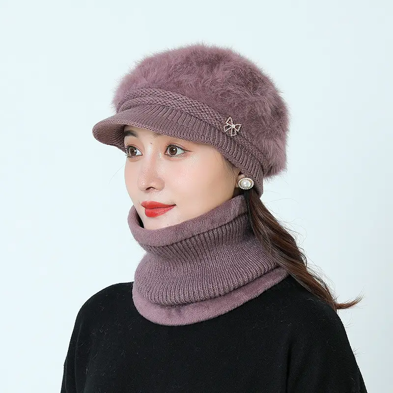 Women's Grey Fleece Winter Cap Hat with Pearl Embellishment