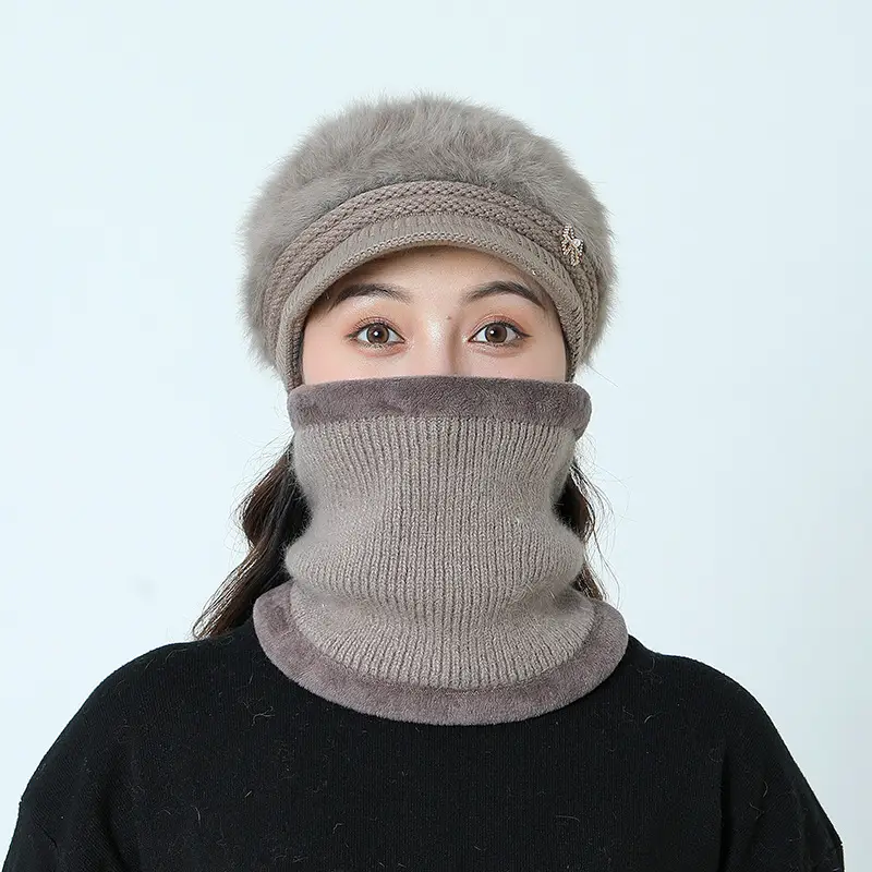 Women's Grey Fleece Winter Cap Hat with Pearl Embellishment