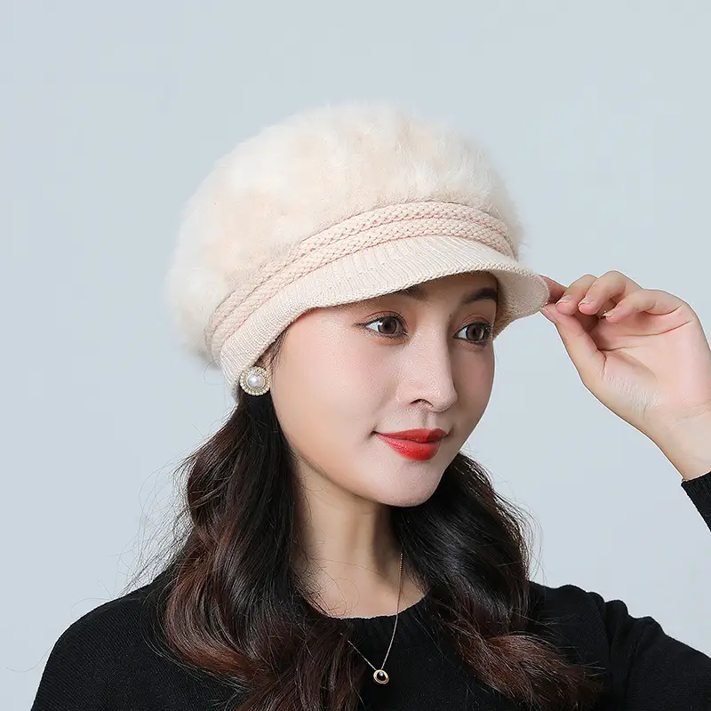 Women's Grey Fleece Winter Cap Hat with Pearl Embellishment
