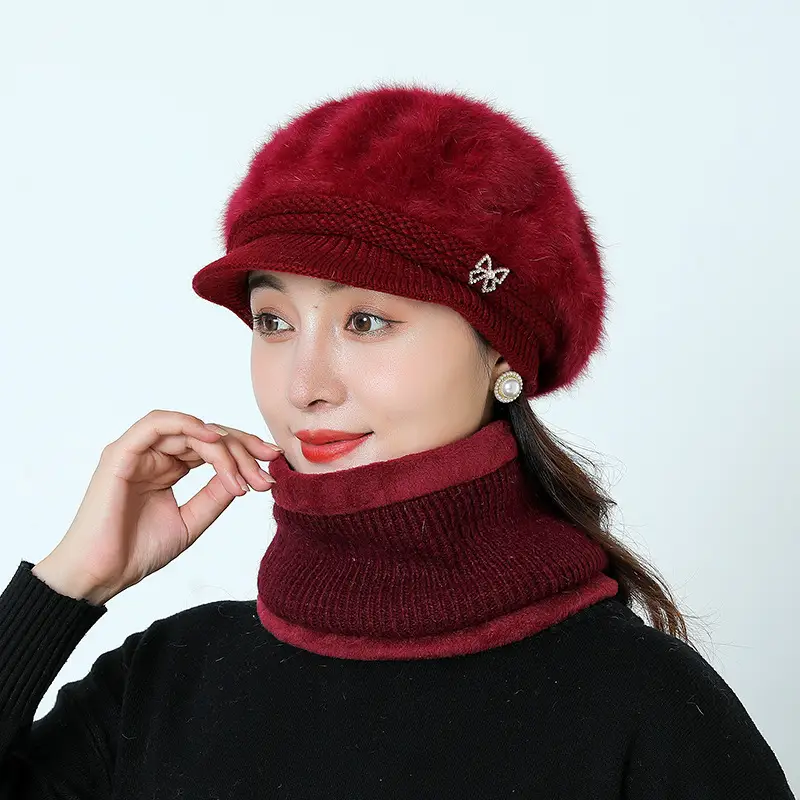 Women's Grey Fleece Winter Cap Hat with Pearl Embellishment