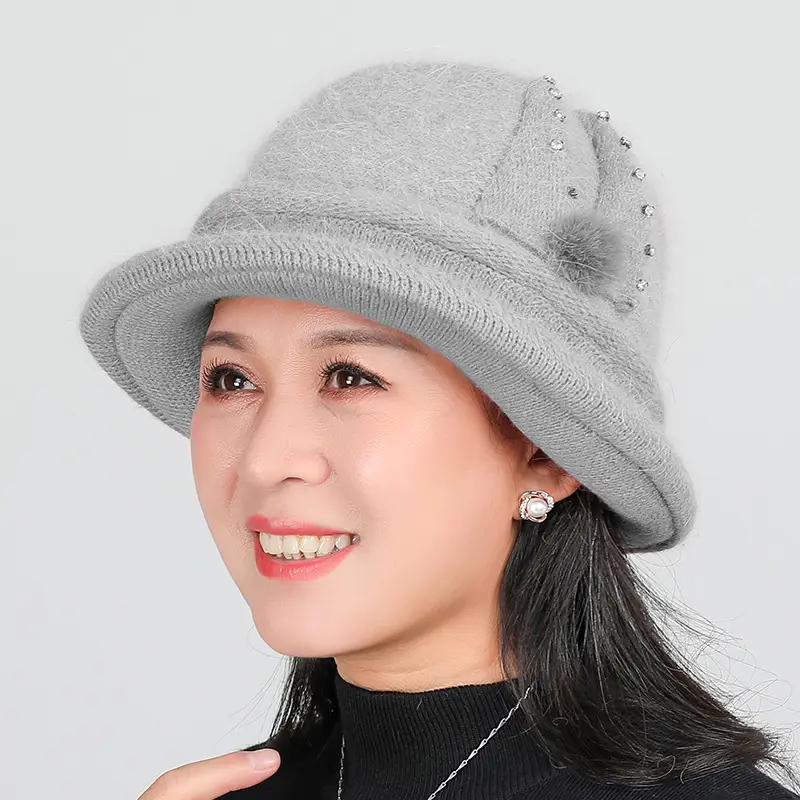 Women's Grey Fleece Winter Cap Hat with Pearl Embellishment